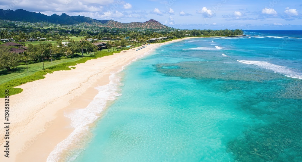 Scenic aerial view of a tranquil beach with turquoise waters, smooth sand, lush greenery, and distant mountains under a clear blue sky in a tropical paradise. Scenic aerial view of a tranquil beach with turquoise waters, smooth sand, lush greenery, and distant mountains under a clear blue sky in a tropical paradise.
