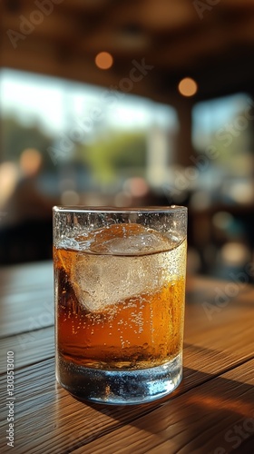Refreshing Cocktail Served in a Glass With Ice on a Wooden Table in a Cozy Ba...