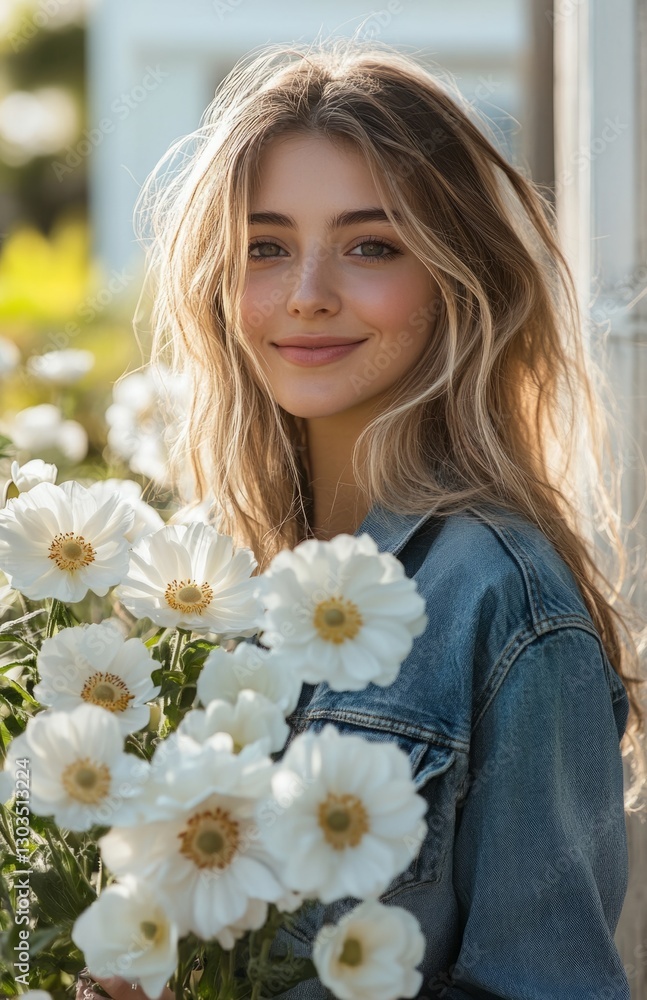 Happy woman in denim jacket holding white flowers in spring garden Happy woman in denim jacket holding white flowers in spring garden