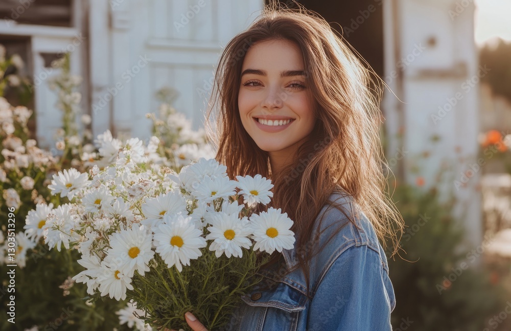 Happy woman in denim jacket holding white flowers in spring garden Happy woman in denim jacket holding white flowers in spring garden