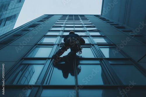 A close-up of a male rope access worker using a safety descender on twin ropes while abseiling to repair windows on a high-rise building in an industrial setting.