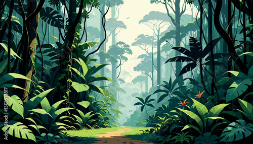 Lush tropical rainforest with dense green foliage and a misty pathway