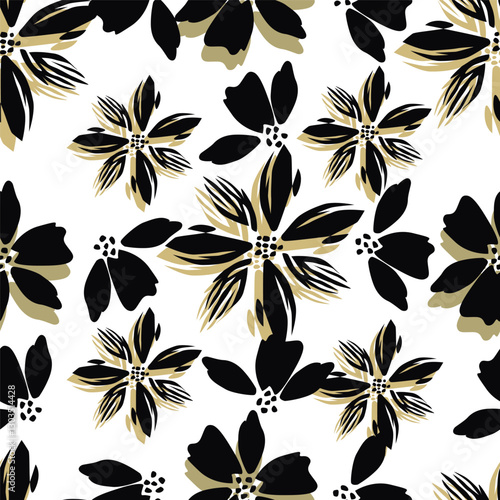 Trendy Floral pattern in the many kind of flowers. Tropical botanical Motifs scattered random. Seamless vector texture. Printing with in hand drawn style on dark background
