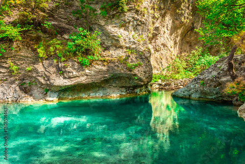 Obraz na płótnie Crystal clear waters of natural springs and lake in the woods of the Mount Olympus, Greece w salonie