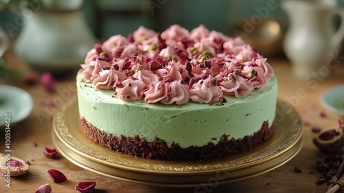 Elegant Mint Green Cake Adorned With Pink Frosting and Pistachios on a Golden...