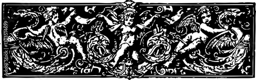 Intricate 19th Century Floral and Cherubic Motif Design in Black and White, Ideal for Vintage Illustrations