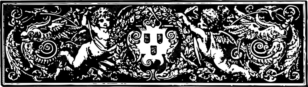 Ornate 19th Century Illustration Featuring Mythical Creatures and Decorative Elements Ornate 19th Century Illustration Featuring Mythical Creatures and Decorative Elements