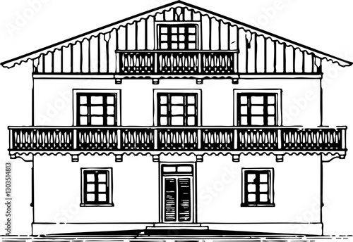 19th Century Architectural Illustration: A traditional wooden house with elegant balconies and detailed facade in a monochrome style.