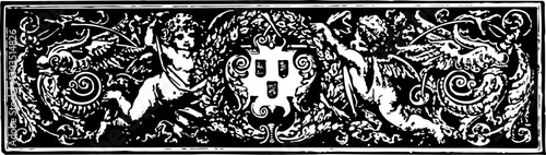 Ornate 19th Century Illustration Featuring Mythical Creatures and Decorative Elements