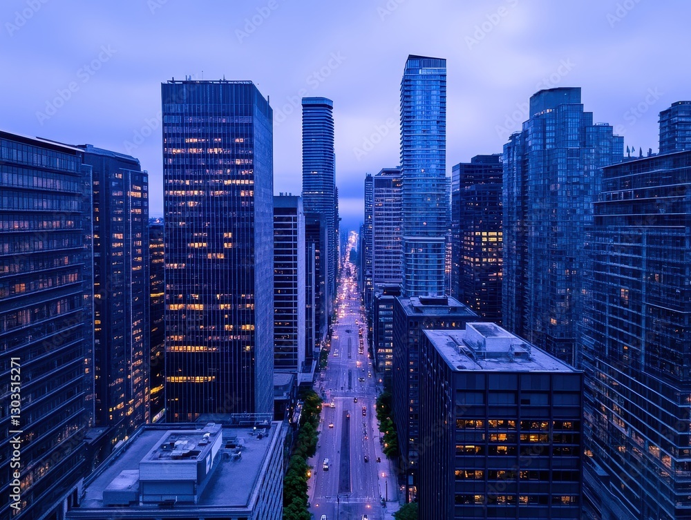 Obraz premium Aerial view of a bustling cityscape at dusk with skyscrapers and street lights