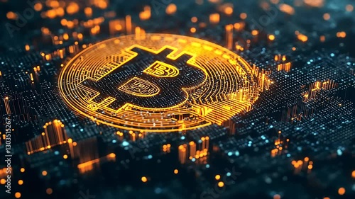 Wallpaper Mural Digital representation of Bitcoin with glowing elements on a circuit-like background. Torontodigital.ca