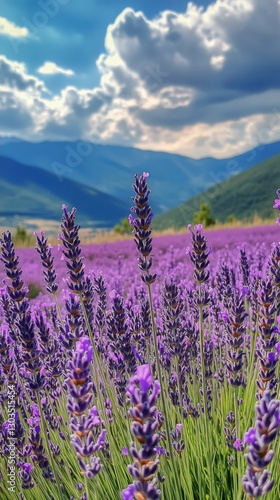 Lavender Field in Full Bloom Under a Bright Blue Sky With Fluffy Clouds in th...