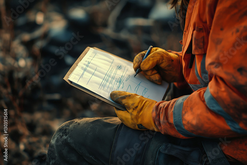 A construction miner supervisor wearing safety gloves signs a working-at-height permit at an open field job site before starting high-risk work on a mining construction site.