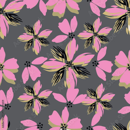 Trendy Floral pattern in the many kind of flowers. Tropical botanical Motifs scattered random. Seamless vector texture. Printing with in hand drawn style on dark background
