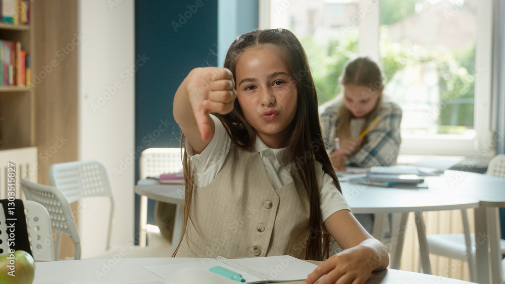 Obraz premium Caucasian girl teen schoolgirl pupil learner student daughter child kid primary school education lesson task writing exam dissatisfied thumb down gesture finger dislike bad studying learning library