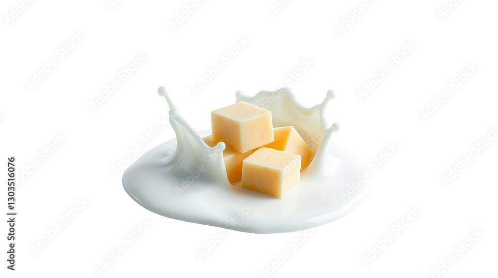 Photo of milk splash with butter cubes isolated on transparent background.png Photo of milk splash with butter cubes isolated on transparent background.png