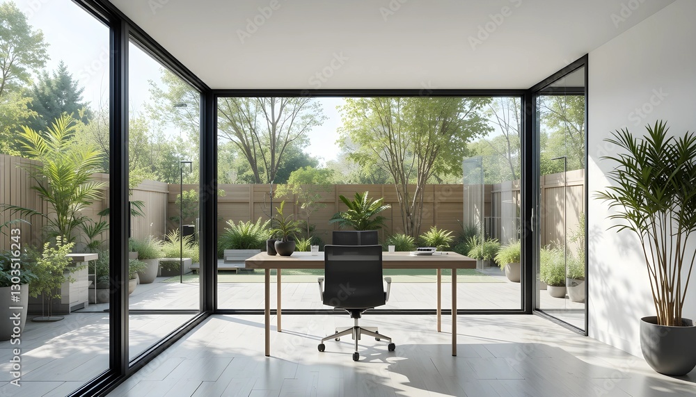 Fototapeta premium Sleek Workspace with Sliding Glass Window