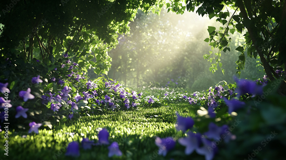 Obraz premium A beautiful, serene pathway in a lush garden with purple flowers surrounded by greenery and illuminated by soft rays of sunlight, creating a peaceful and calming atmosphere.