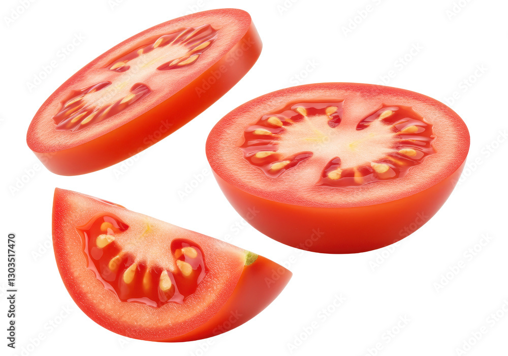Juicy ripe tomato slices floating in mid-air isolated on transparent background Juicy ripe tomato slices floating in mid-air isolated on transparent background