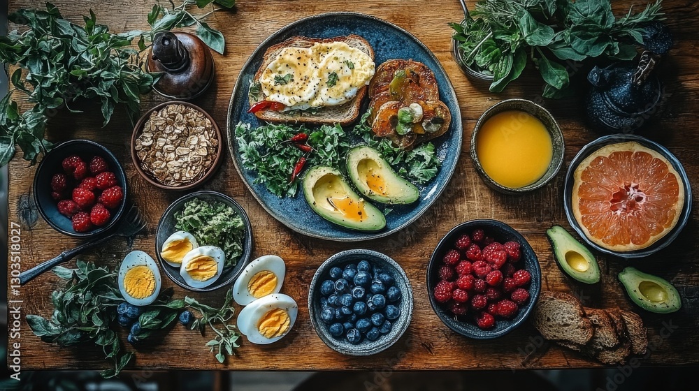 Fototapeta premium Colorful Healthy Breakfast with Avocado Eggs and Fresh Fruit. Generative AI