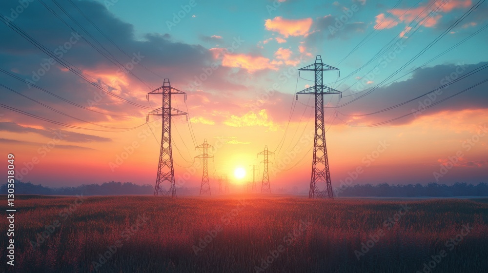 Fototapeta premium futuristic power lines at sunset in a vast field