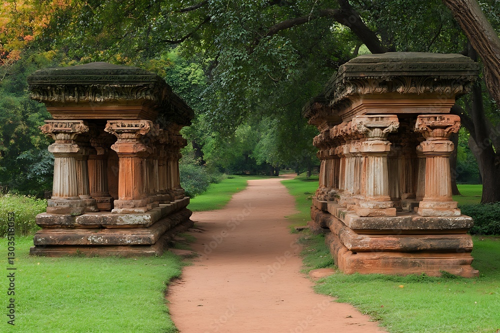 Symmetrical ruins in a park, pathway background Symmetrical ruins in a park, pathway background