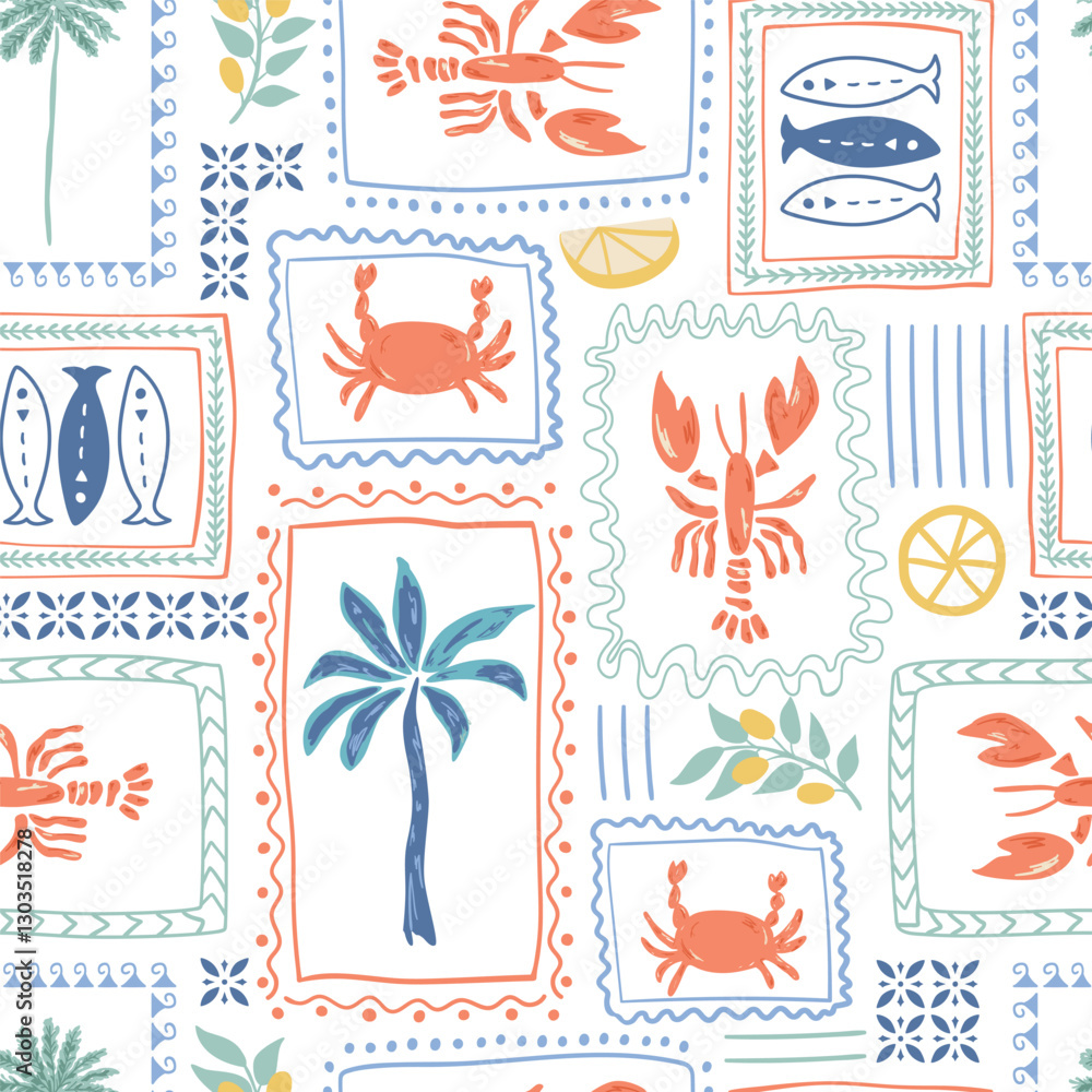 Tropical lobster pattern, summer Italy vacation mood. Retro palm trees, sardines, lemon in the frames. Mediterranean wallpaper, cute geometric design, textile, background, paper. Vector hand drawn art