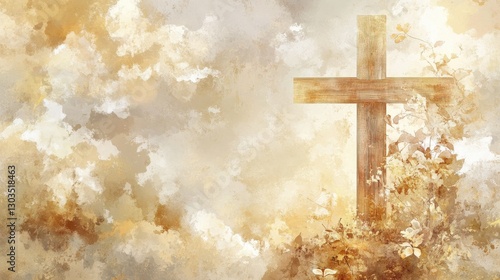 Beautiful wooden cross illuminated by soft golden watercolor background with heavenly clouds