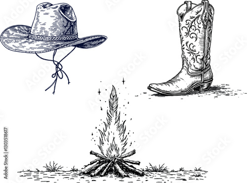 Cowboy campfire with hat and boots, Wild West vintage engraving