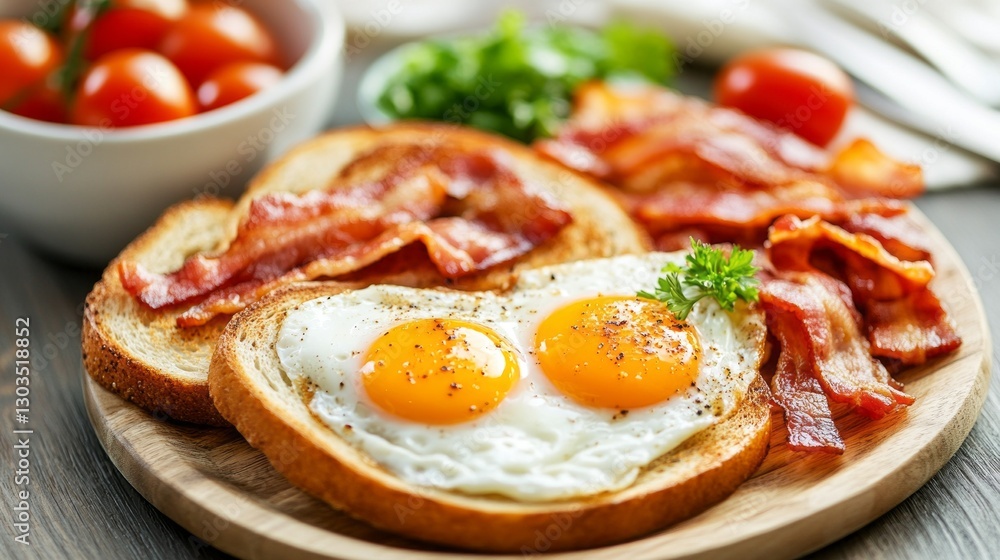 Sizzling strips of bacon accompany perfectly fried eggs nestled on toasted bread, with fresh cherry tomatoes adding a touch of color and flavor. A delightful morning feast Sizzling strips of bacon accompany perfectly fried eggs nestled on toasted bread, with fresh cherry tomatoes adding a touch of color and flavor. A delightful morning feast