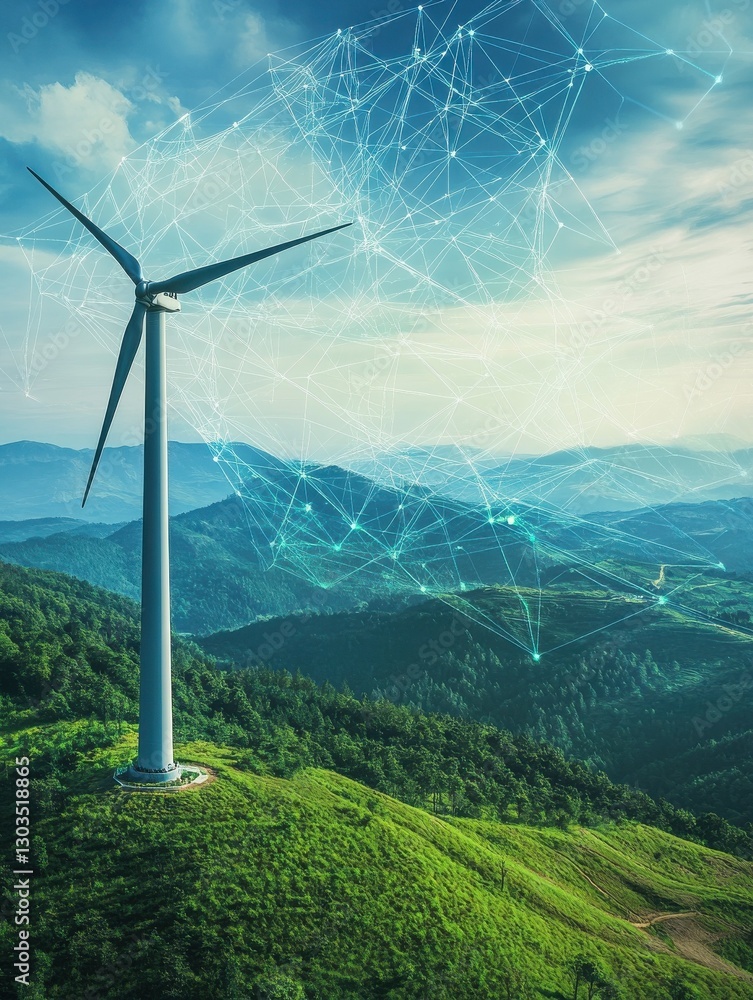 Wind turbine in a green landscape with digital data overlay, illustrating advanced renewable energy technology and smart grid integration Wind turbine in a green landscape with digital data overlay, illustrating advanced renewable energy technology and smart grid integration