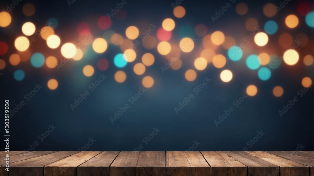 Wooden tabletop with soft glowing bokeh lights background. Wooden tabletop with soft glowing bokeh lights background.