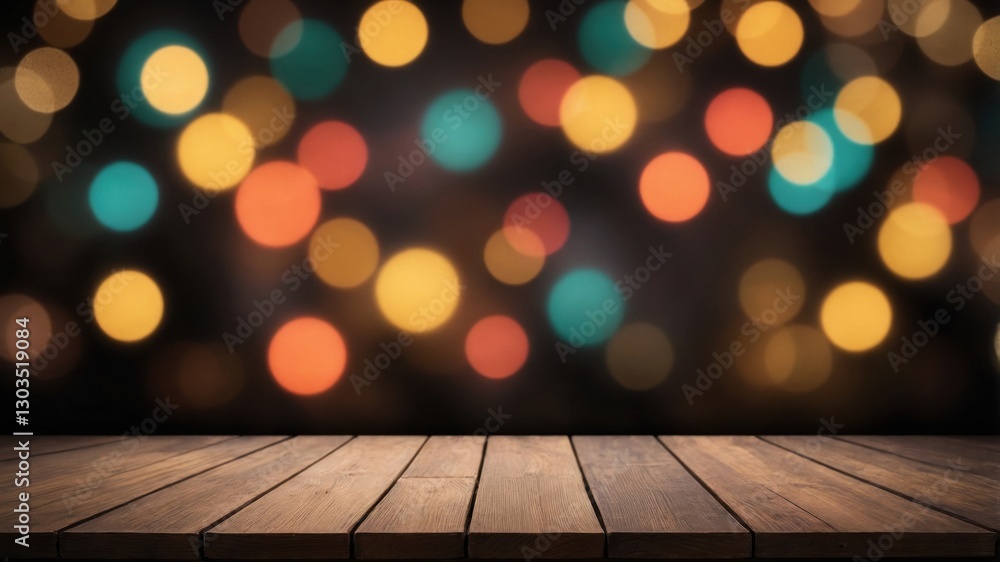 Wooden tabletop with soft glowing bokeh lights background. Wooden tabletop with soft glowing bokeh lights background.
