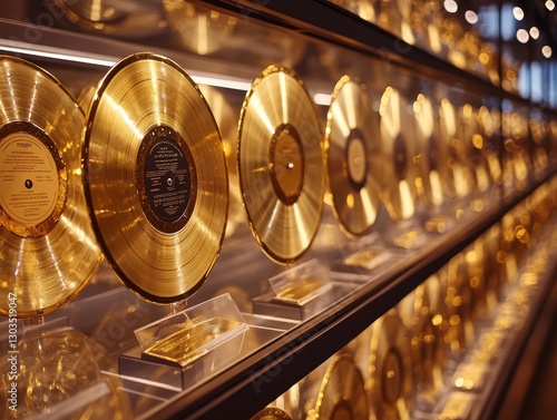 Gold Records and Platinum Discs: Vintage Vinyl Display Case Showcasing Music Industry Achievements and Iconic Musical Memorabilia