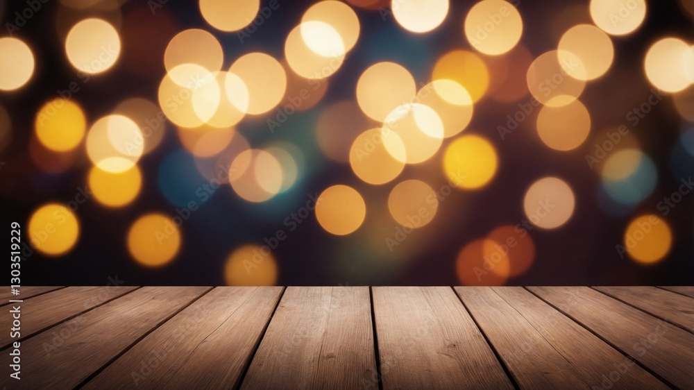 Wooden tabletop with soft glowing bokeh lights background. Wooden tabletop with soft glowing bokeh lights background.