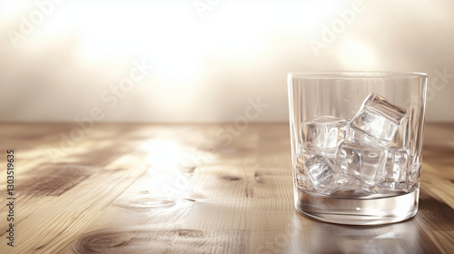 Neat Glass of Gin with Ice in the Corner of a Sophisticated Wooden Bar, Featuring Empty Space for Text or Creative Elements copy space