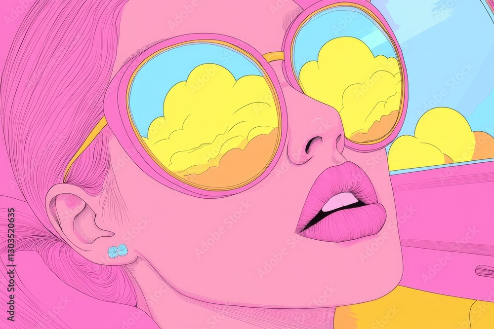 Vibrant Retro Pop Art: Woman in Sunglasses with Cloud Reflections Vibrant Retro Pop Art: Woman in Sunglasses with Cloud Reflections