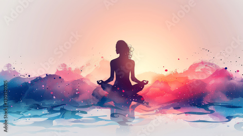 Woman Meditating in a Dreamy Watercolor Landscape  
