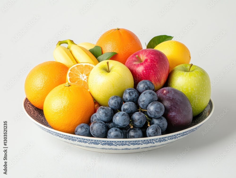 A vibrant assortment of fresh fruits in a decorative bowl on a neutral background A vibrant assortment of fresh fruits in a decorative bowl on a neutral background