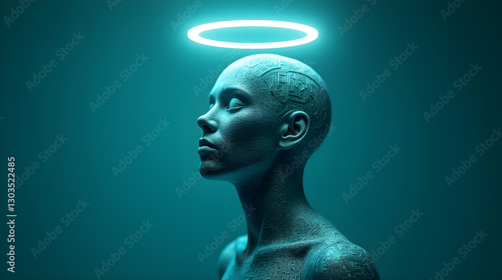 Serene Bald Woman with Neon Halo - Moody Teal Digital Art Portrait Serene Bald Woman with Neon Halo - Moody Teal Digital Art Portrait