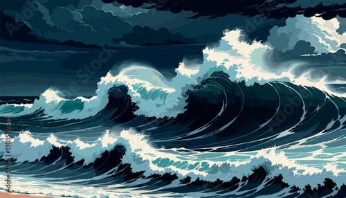 Dark stormy ocean waves crashing under dramatic clouds