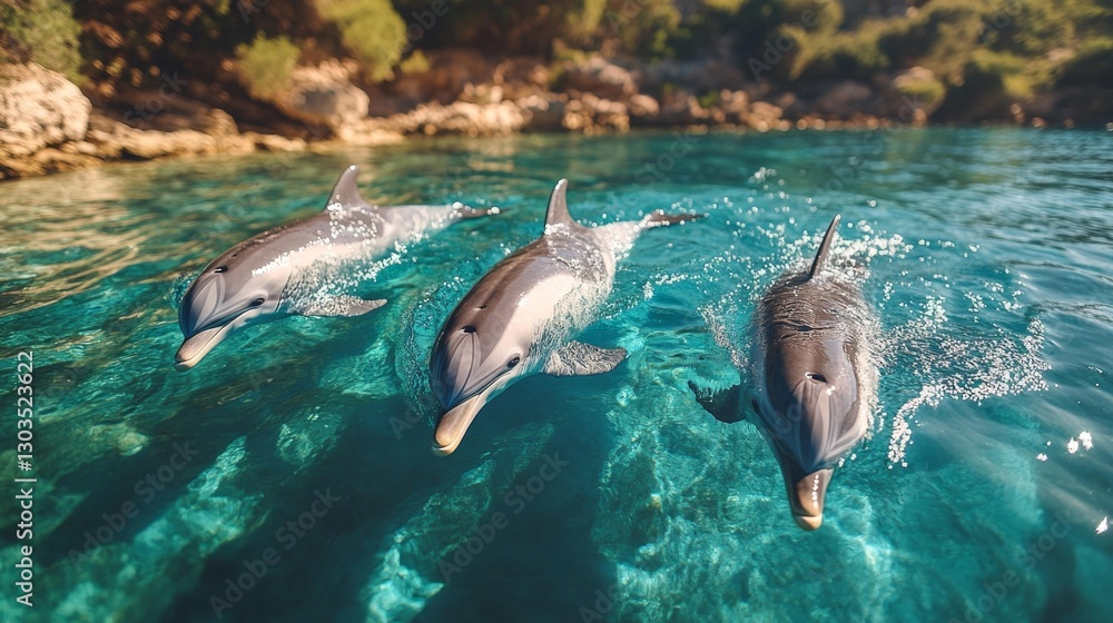 Obraz premium Dolphins Swimming in Crystal Clear Shallow Water with Shadows Visible Beneath. Generative AI