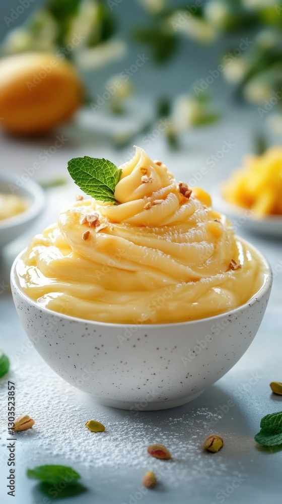 Creamy mango dessert topped with mint and crushed nuts served in a white bowl on a light blue surface Creamy mango dessert topped with mint and crushed nuts served in a white bowl on a light blue surface