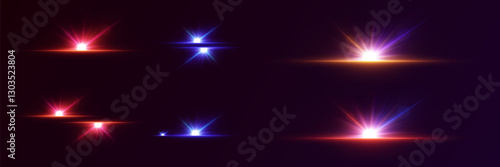 Collection of neon highlights and flares, star explosion, light lines.