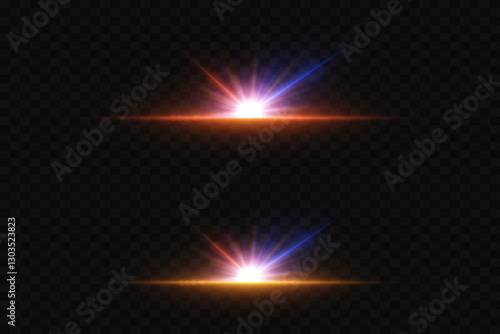 Collection of neon highlights and flares, star explosion, light lines.