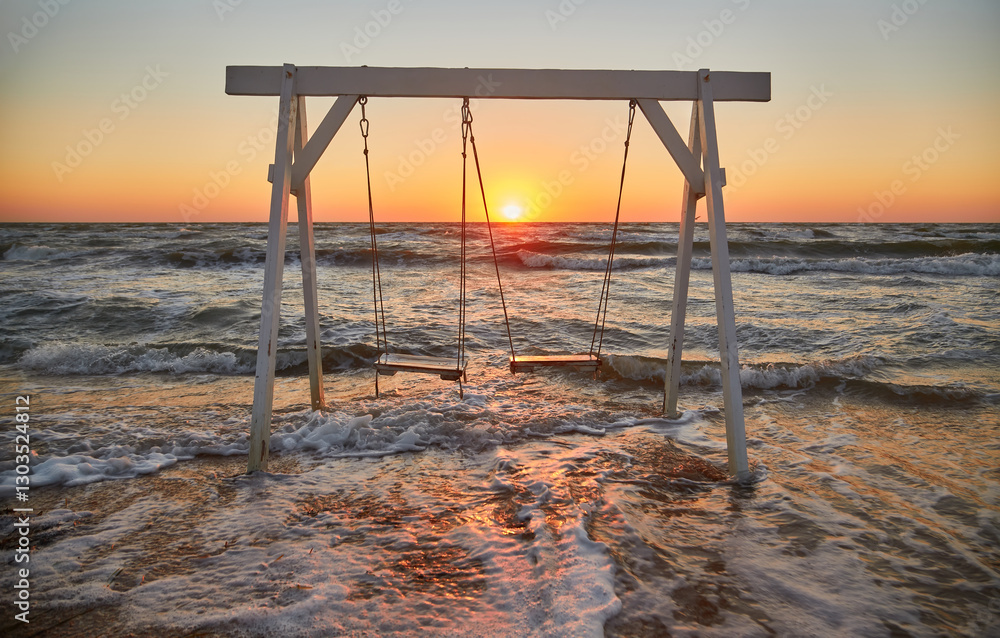 Waves Crashing Around Beach Swing at Sunrise Waves Crashing Around Beach Swing at Sunrise