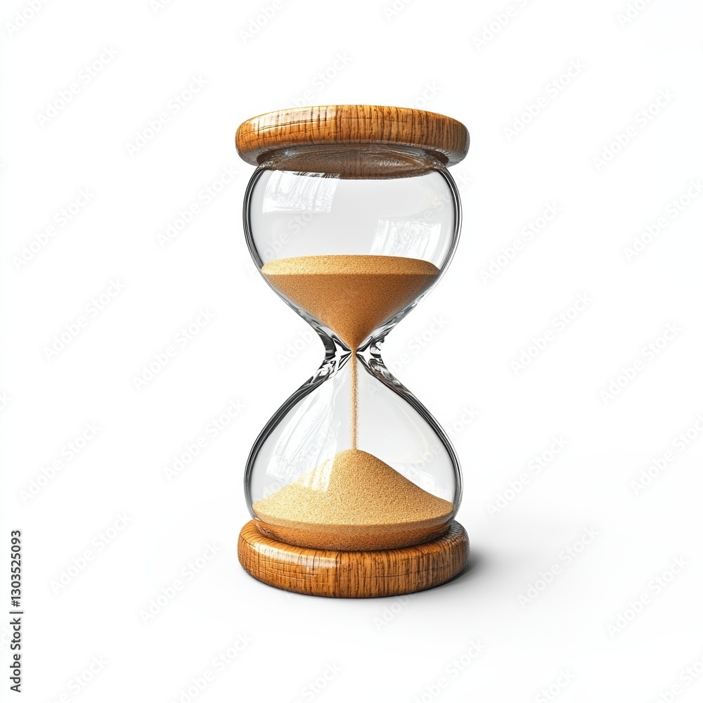 Naklejka premium A clear glass hourglass filled with golden sand on a wooden base, symbolizing the passage of time against a white background.