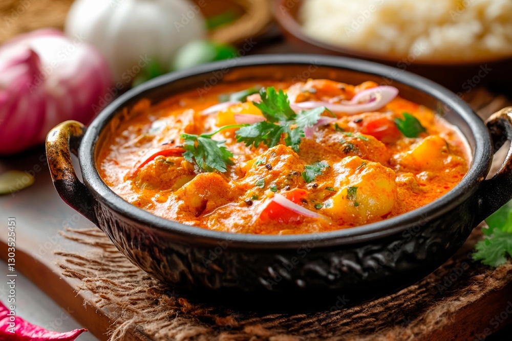 A vibrant curry is presented in a decorative black bowl, showcasing a rich sauce with vegetables and herbs. The dish is placed on a rustic wooden table, inviting taste A vibrant curry is presented in a decorative black bowl, showcasing a rich sauce with vegetables and herbs. The dish is placed on a rustic wooden table, inviting taste