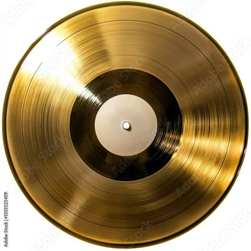 A close-up view of a shiny gold vinyl record resting on a white background, showcasing its smooth surface and central label.