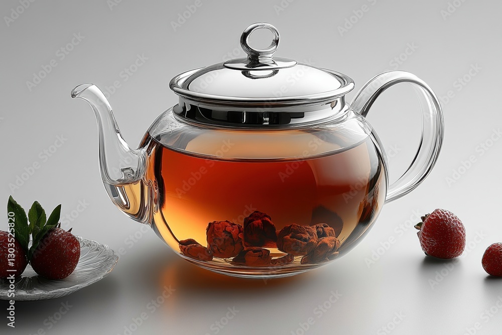 A glass teapot filled with brewed tea and dried flowers, accompanied by fresh strawberries on a silver plate against a soft gray background. A glass teapot filled with brewed tea and dried flowers, accompanied by fresh strawberries on a silver plate against a soft gray background.